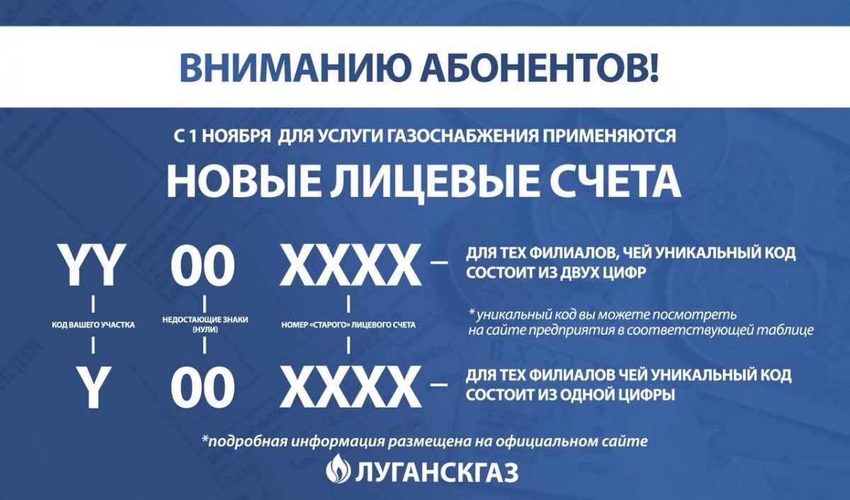 С 1 ноября 2023 года для абонентов ГУП «ЛУГАНСКГАЗ» изменились номера лицевых счетов